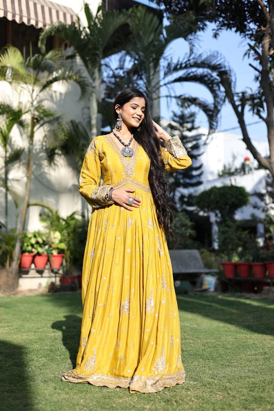 Embrace the summer vibe with this vibrant Anarkali hand embroidered