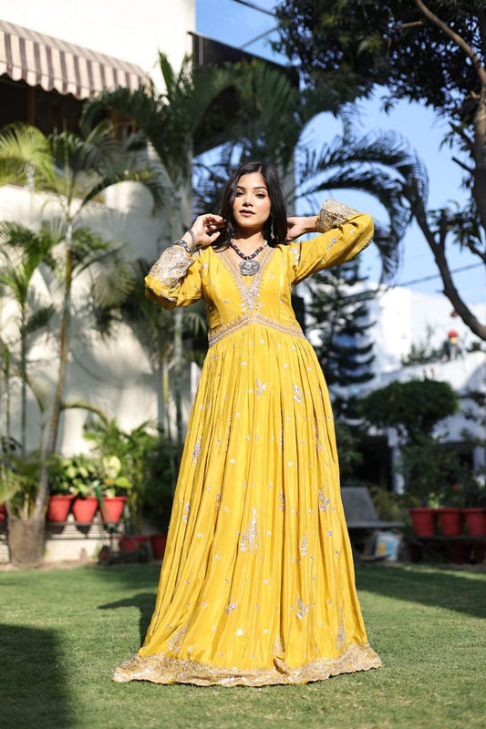 Embrace the summer vibe with this vibrant Anarkali hand embroidered