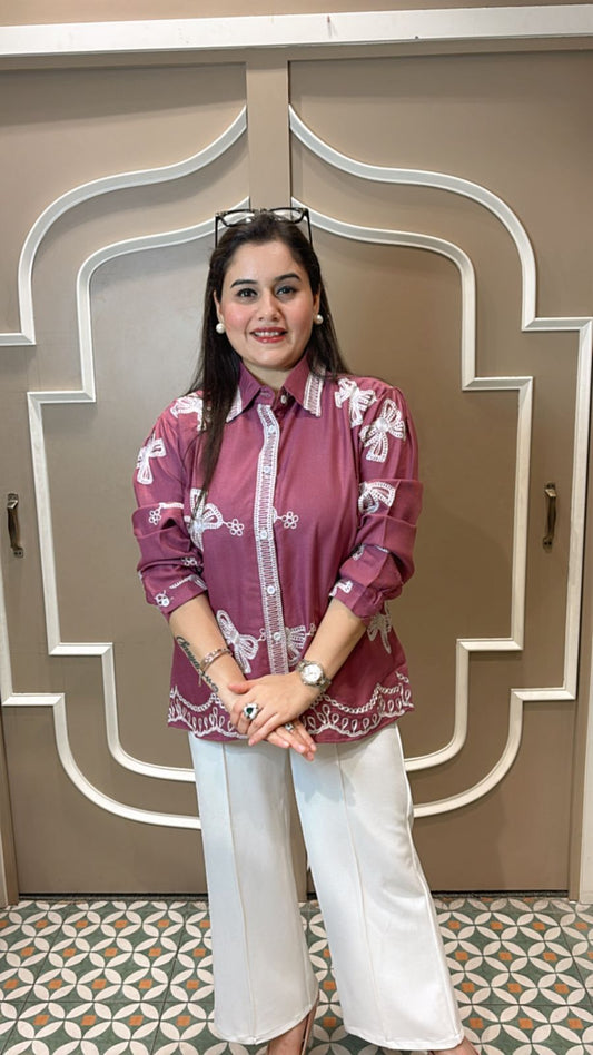 Bow Cotton full sleeves shirt with thread work