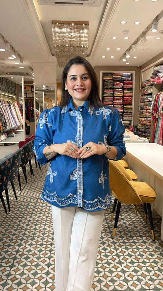 Bow Cotton full sleeves shirt with thread work