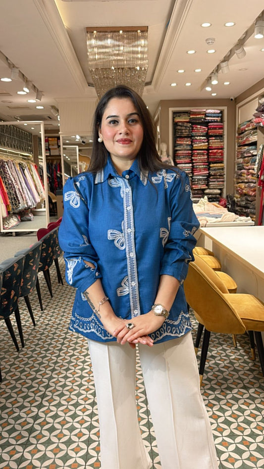 Bow Cotton full sleeves shirt with thread work