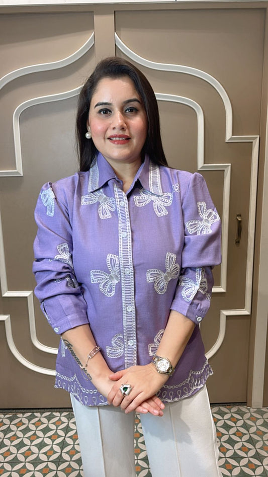 Bow Cotton full sleeves shirt with thread work