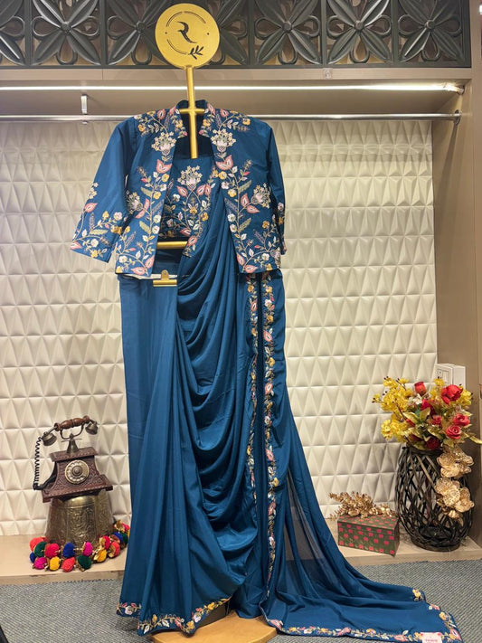 Elegant Blue Embroidered Russian Crepe Stitched Blouse with Inner & Shrug/Jacket