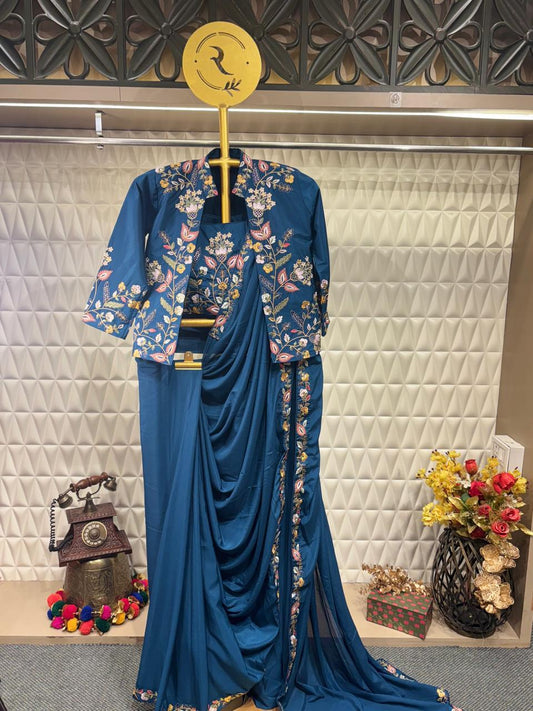 Elegant Blue Embroidered Russian Crepe Stitched Blouse with Inner & Shrug/Jacket