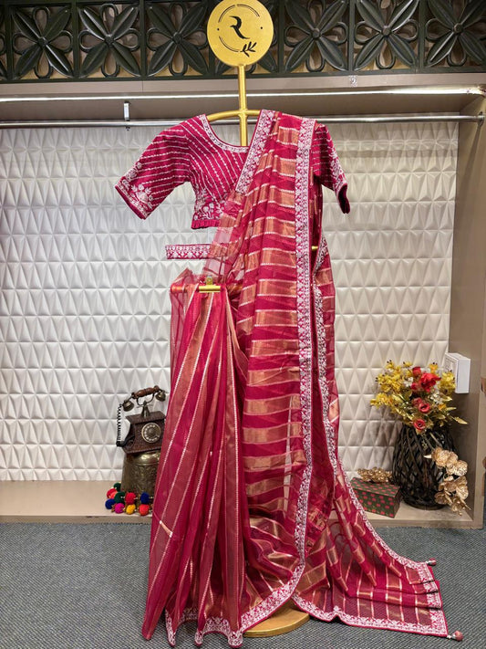 Red & Orange Hand-Embroidered Candy Organza Stitched Blouse