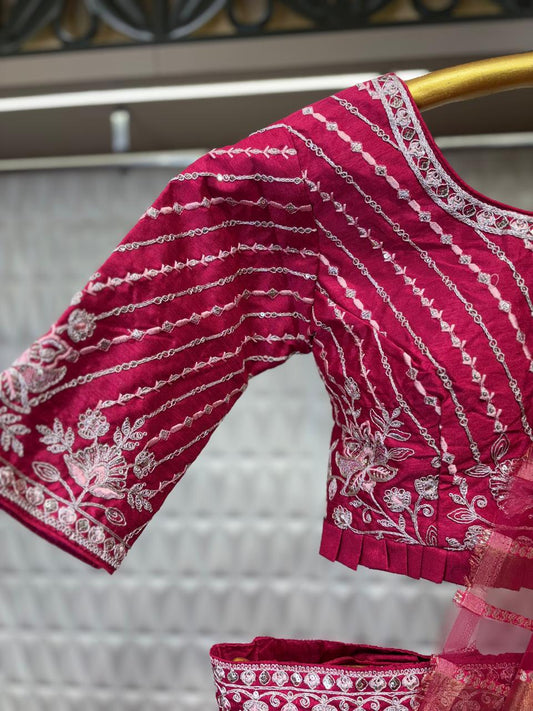 Red & Orange Hand-Embroidered Candy Organza Stitched Blouse