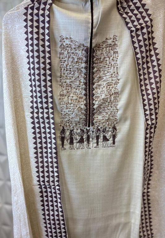 Cotton Linen suit set designed beautifully with worli design using cut dana