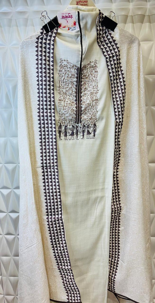 Cotton Linen suit set designed beautifully with worli design using cut dana