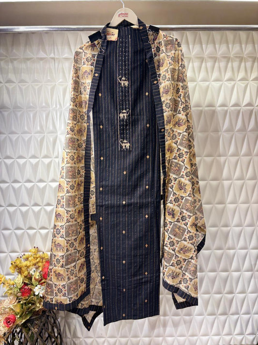 Khadi suit set with kantha work all over the shirt & camel bootas