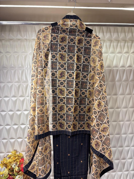 Khadi suit set with kantha work all over the shirt & camel bootas