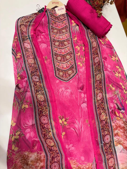 Soft organza suit set with work all over the shirt & camel bootas on neckline