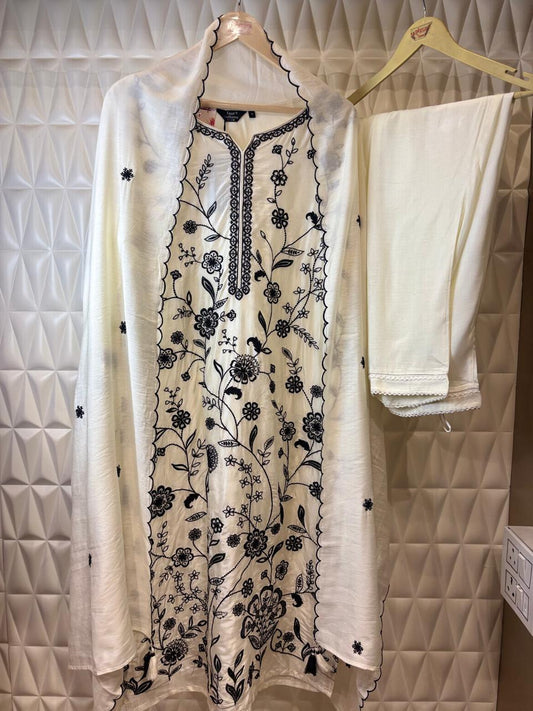Cotton silk suit set with thread & sequins embroidery  detailing