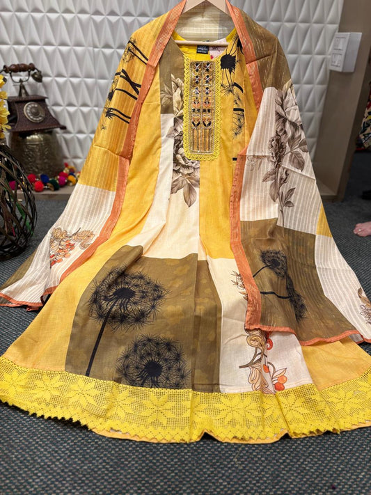 Embrace the summer vibe with this vibrant Anarkali in floral cotton linen