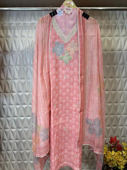 Embrace the elegance of summer with this Peach colored cotton unstitched