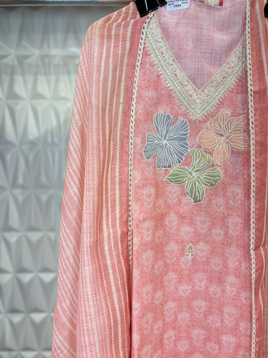 Embrace the elegance of summer with this Peach colored cotton unstitched
