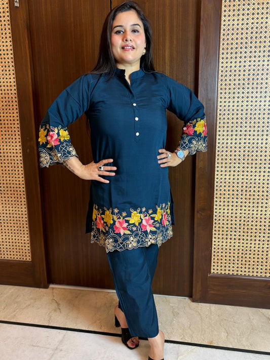 Elegant Co-ord set with all Resham cut work on sleeves & hem