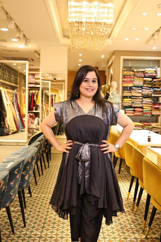 Elegant co-ord set in bluish grey combination on two different fabric