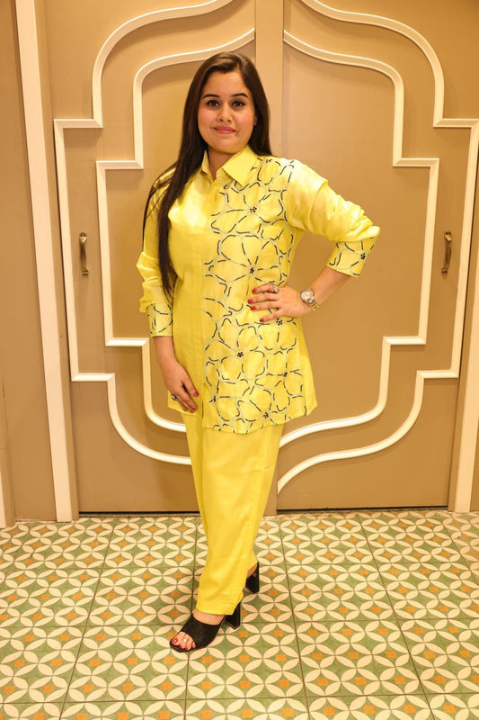 Elegant Co-ord set with all resham & pearl work on shirt & sleeves.