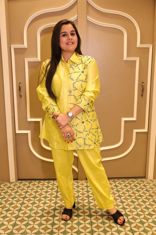 Elegant Co-ord set with all resham & pearl work on shirt & sleeves.