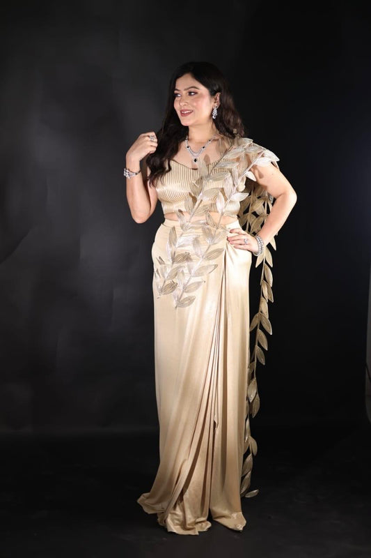 Stylish drape saree on Lycra fabric, pre-draped with blouse on imported fabric