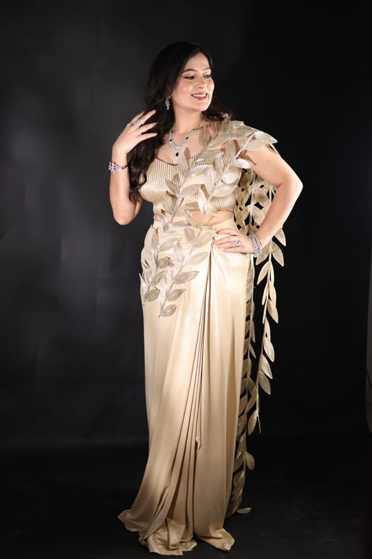 Stylish drape saree on Lycra fabric, pre-draped with blouse on imported fabric