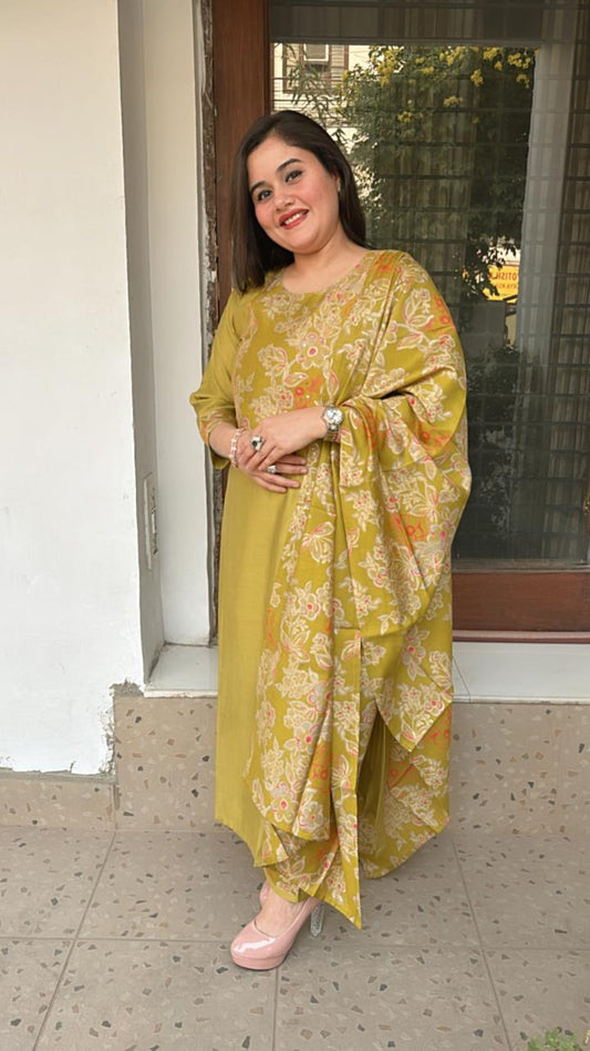 Elevate your style with this mehndi green ready-made suit set