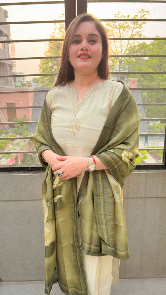 Elevate your style with this off white ready-made suit set with green dupatta