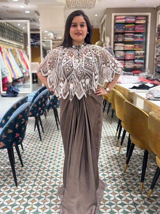 Elegant Indowestern dress with cape graced with cut dana & pearl embroidery