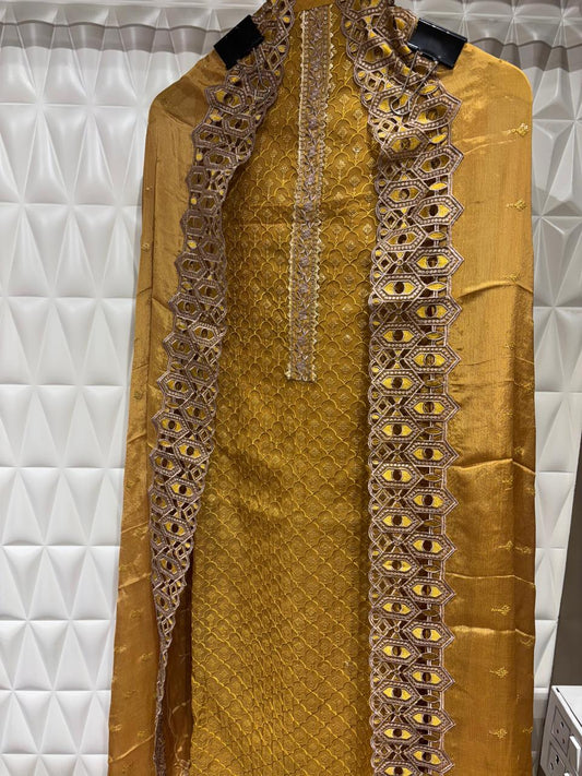 Silk suit set with thread hand embroidery and Sequins detailing