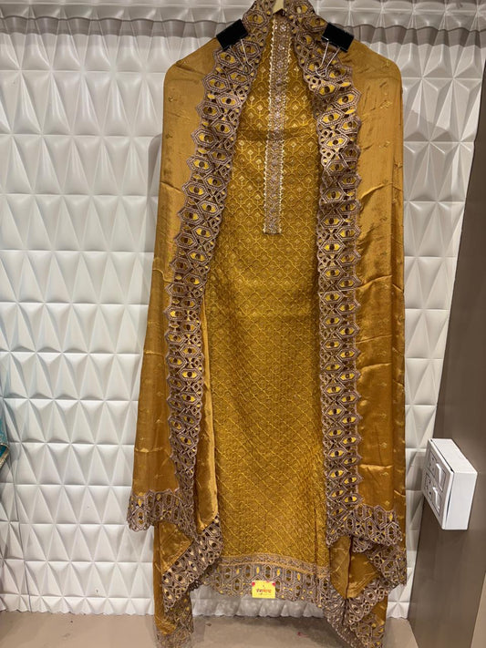 Silk suit set with thread hand embroidery and Sequins detailing