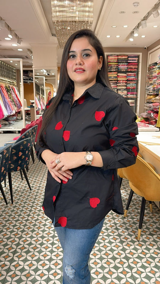 Classy essential with heart shaped Resham motifs all over the shirt