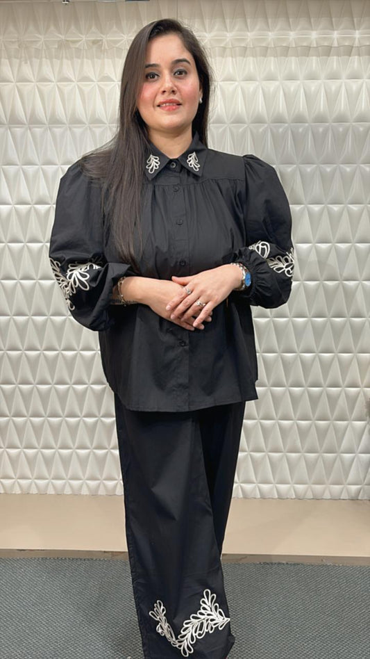 Very elegant Co-ord set with all resham work on collar , pants & sleeves.