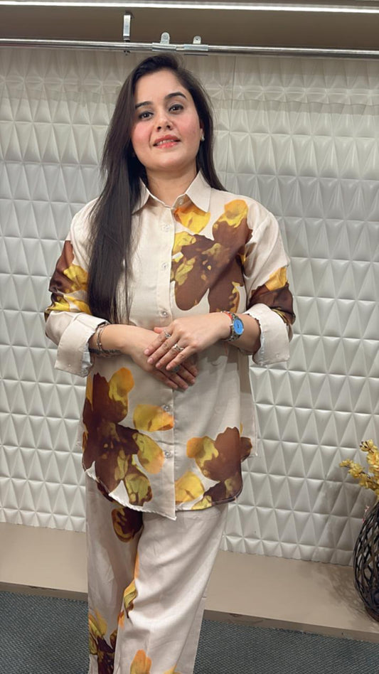 Elegant Co-ord set with all floral print all overt the shirt and pants