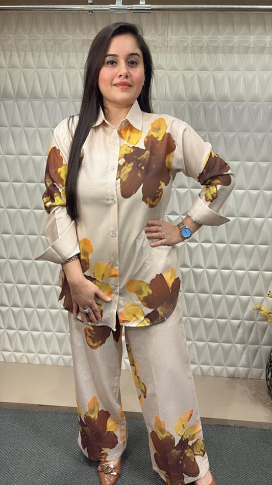 Elegant Co-ord set with all floral print all overt the shirt and pants