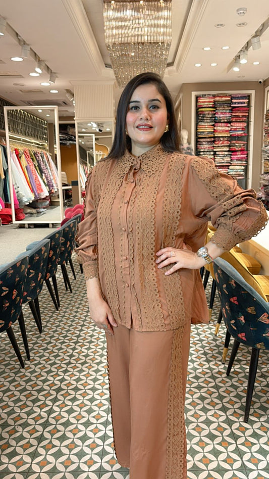Elegant Co-ord set with schiffli work all overt the shirt and pants