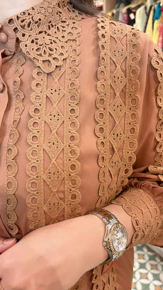Elegant Co-ord set with schiffli work all overt the shirt and pants