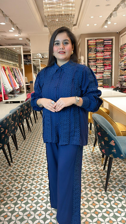 Elegant Co-ord set with schiffli work all overt the shirt and pants