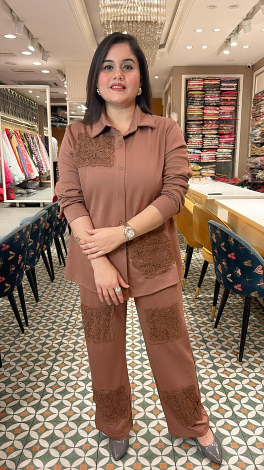 Gorgeous Co-ord set with crochet cut work embellishments