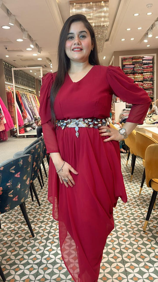 Vibrant red-mehroon dhoti dress with stylish silhouettes