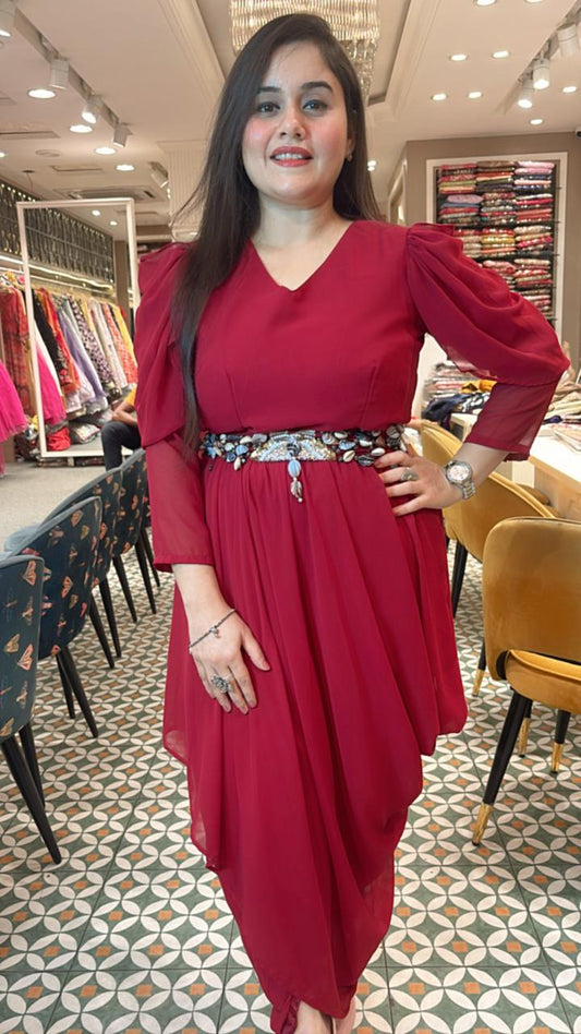 Vibrant red-mehroon dhoti dress with stylish silhouettes