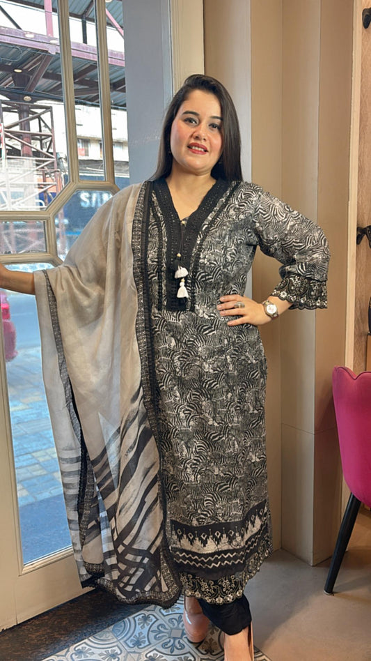 Elegance in every detail — this black & grey cotton muslin suit