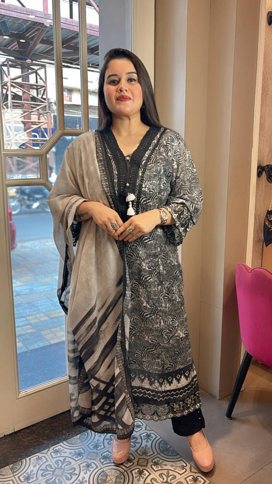 Elegance in every detail — this black & grey cotton muslin suit