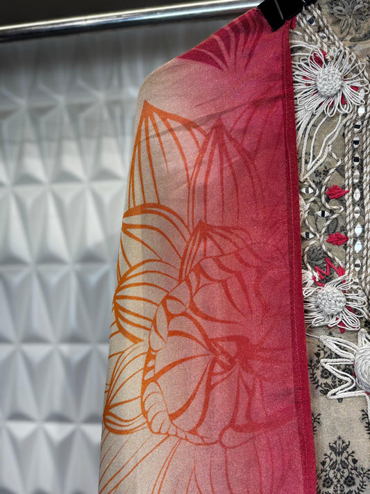 Stunning Organza Suit Set featuring all-over print with a printed dupatta