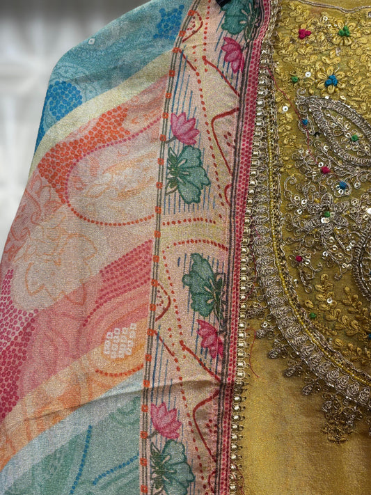Stunning Organza Suit Set featuring all-over zari work with a printed dupatta