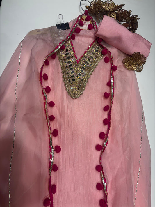 A graceful pink organza suit adorned with delicate mirror detailing along the neckline