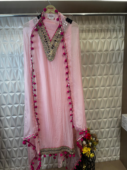 A graceful pink organza suit adorned with delicate mirror detailing along the neckline