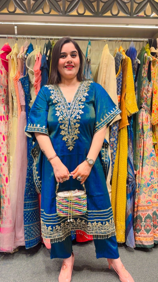 Teal Blue Hand-Embroidered Shimmer Tissue Silk Stitched Kaftan Set – Traditional Elegance