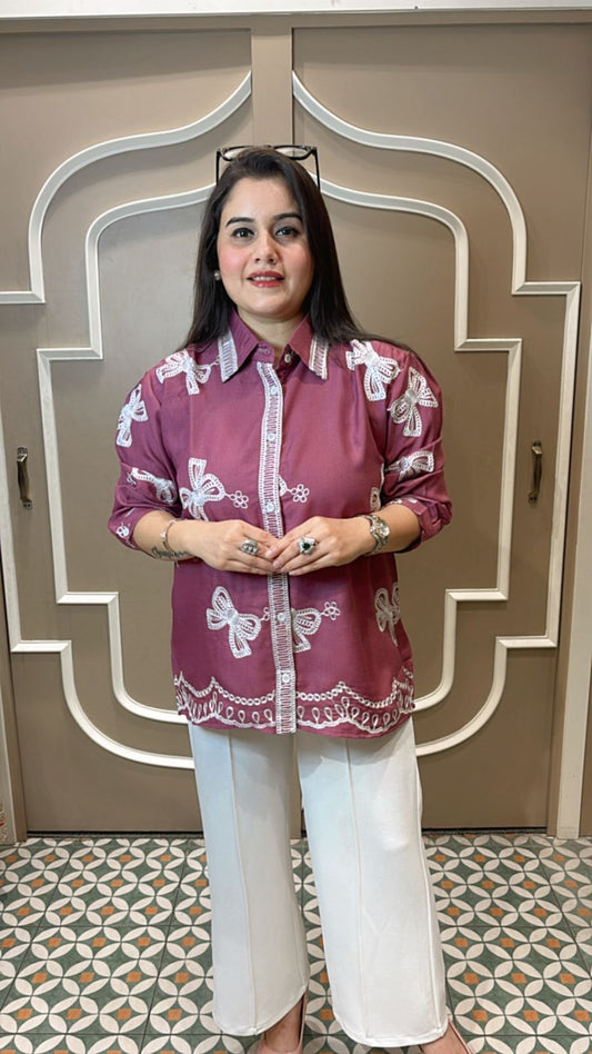 Bow Cotton full sleeves shirt with thread work