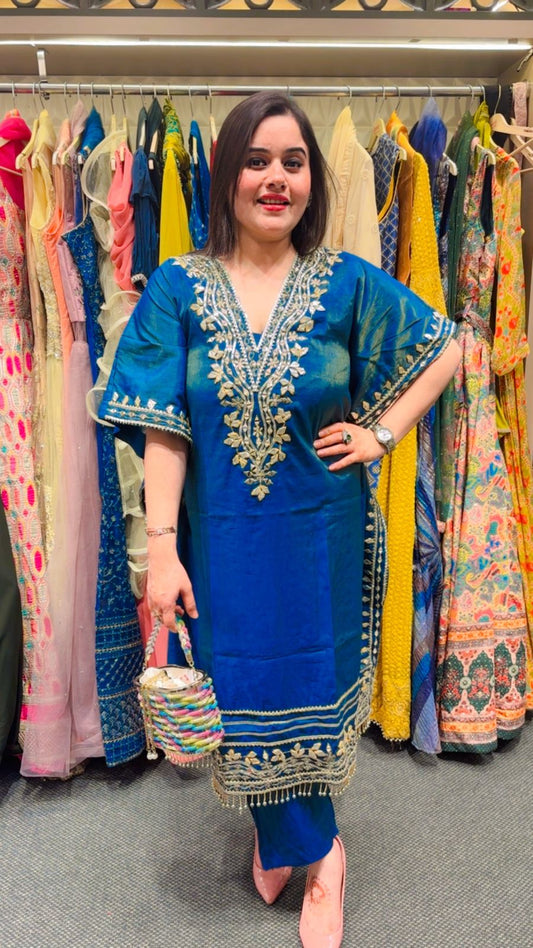 Teal Blue Hand-Embroidered Shimmer Tissue Silk Stitched Kaftan Set – Traditional Elegance
