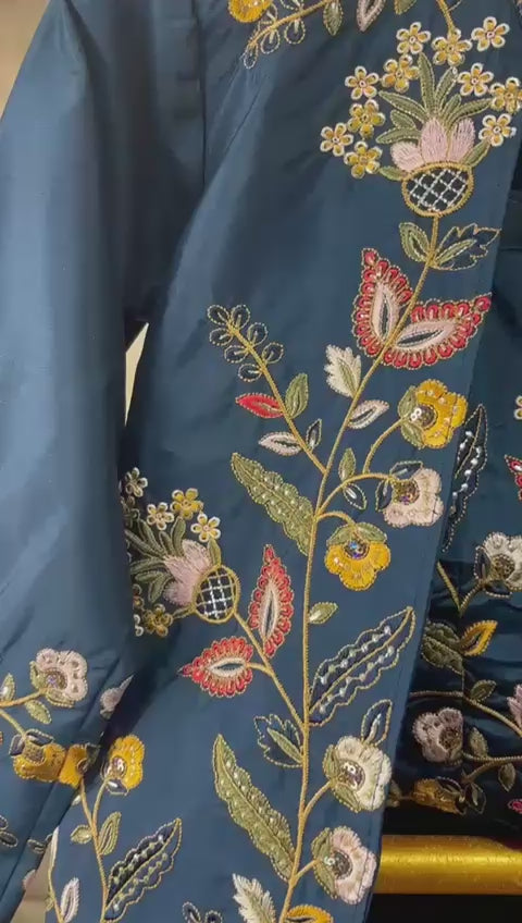 Elegant Blue Embroidered Russian Crepe Stitched Blouse with Inner & Shrug/Jacket